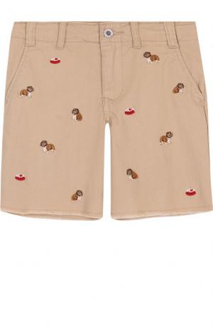 Хлопковые шорты с вышивкой и необработанным краем Polo Ralph Lauren. Цвет: бежевый