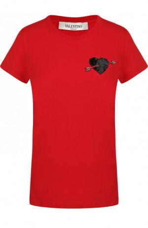 Хлопковая футболка с круглым вырезом и декорированной отделкой Valentino. Цвет: красный