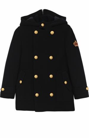 Шерстяное двубортное пальто с аппликацией и капюшоном Dolce & Gabbana. Цвет: темно-синий