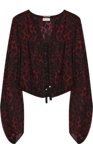 Шелковая блуза с V-образным вырезом и принтом Saint Laurent. Цвет: красный
