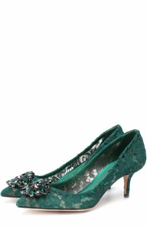 Кружевные туфли Rainbow Lace с брошью Dolce & Gabbana. Цвет: темно-зеленый