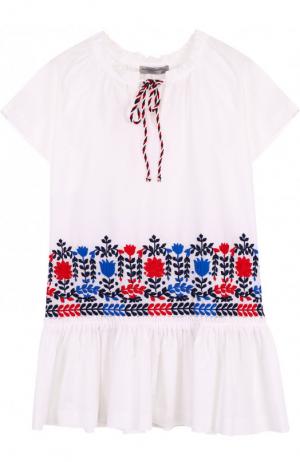 Хлопковое мини-платье свободного кроя с контрастной вышивкой Ermanno Scervino. Цвет: белый