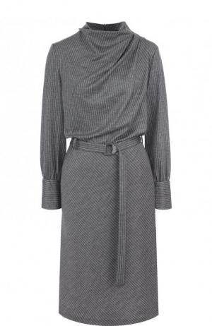 Шерстяное платье с поясом и воротником-стойкой Giorgio Armani. Цвет: серый