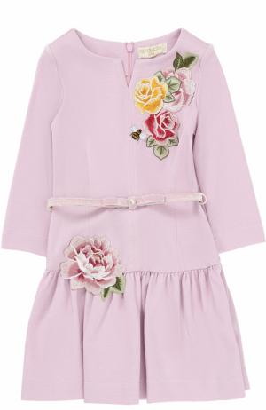 Трикотажное мини-платье с аппликациями Monnalisa. Цвет: розовый