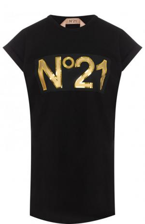 Хлопковый топ с логотипом бренда No. 21. Цвет: черный
