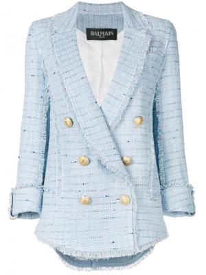 Двубортный твидовый пиджак Balmain. Цвет: синий