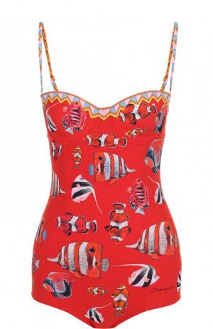 Слитный купальник с контрастным принтом Dolce & Gabbana. Цвет: красный