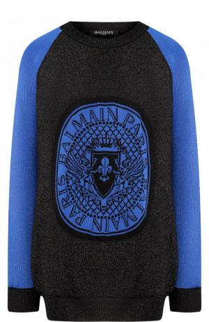Удлиненный пуловер с металлизированной нитью и логотипом бренда Balmain. Цвет: темно-синий