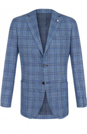Однобортный пиджак из смеси шерсти и шелка со льном L.B.M. 1911. Цвет: голубой
