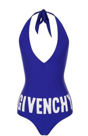 Слитный купальник с открытой спиной и логотипом бренда Givenchy. Цвет: синий