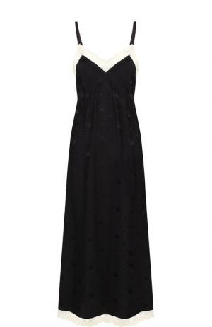 Шелковое платье-миди с кружевной отделкой на бретельках MCQ. Цвет: черный