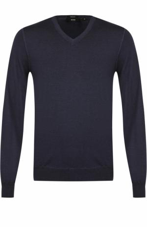 Шерстяной однотонный пуловер BOSS. Цвет: темно-синий