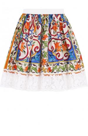 Хлопковая юбка с принтом и кружевной отделкой Dolce & Gabbana. Цвет: разноцветный