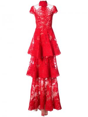 Кружевное платье с оборками Marchesa. Цвет: красный
