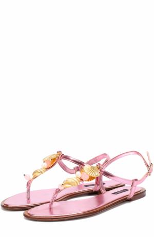 Сандалии из металлизированной кожи с декором Dolce & Gabbana. Цвет: розовый