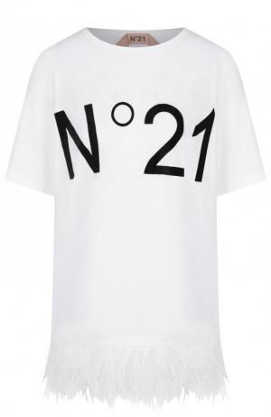 Хлопковая футболка с перьевой отделкой и логотипом бренда No. 21. Цвет: белый