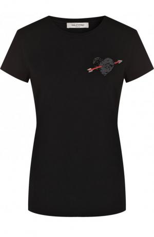 Хлопковая футболка с круглым вырезом и декорированной отделкой Valentino. Цвет: черный