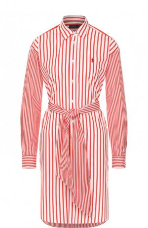 Хлопковое платье-рубашка с поясом Polo Ralph Lauren. Цвет: красный