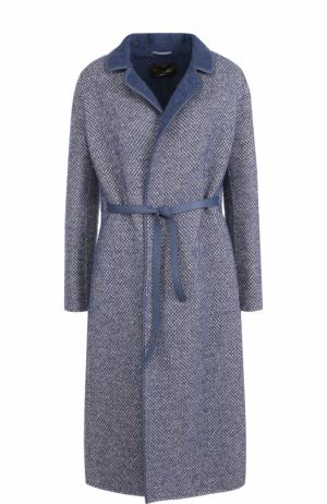 Шерстяное пальто с кожаным поясом Loro Piana. Цвет: синий
