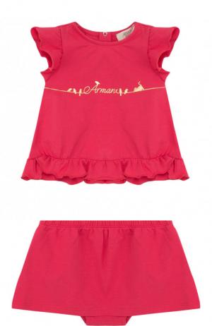 Хлопковый комплект из футболки и юбки-шорт Armani Junior. Цвет: фуксия