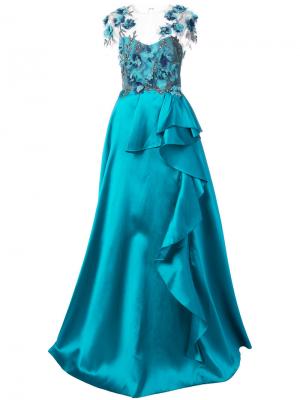 Декорированное платье с цветами Marchesa Notte. Цвет: синий