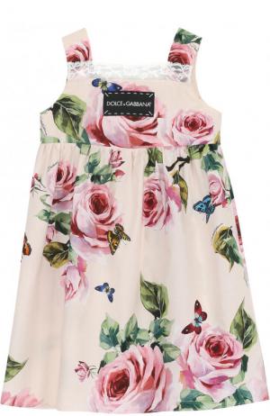Хлопковое платье с принтом и кружевной отделкой Dolce & Gabbana. Цвет: розовый