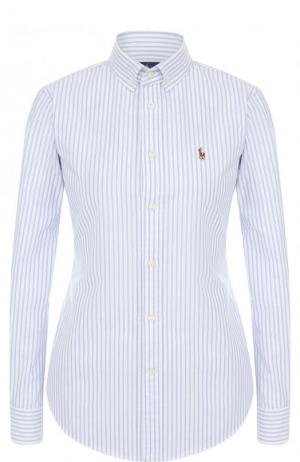 Приталенная хлопковая блуза в полоску Polo Ralph Lauren. Цвет: голубой