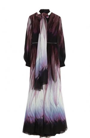 Шелковое платье-макси с воротником аскот и поясом Elie Saab. Цвет: разноцветный