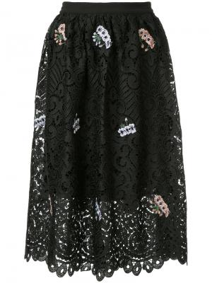 Кружевная многослойная юбка с цветочной вышивкой Markus Lupfer. Цвет: чёрный