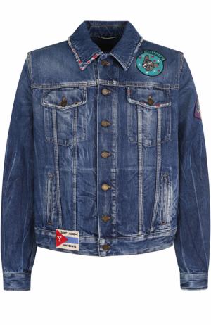 Джинсовая куртка на пуговицах с потертостями и контрастными нашивками Saint Laurent. Цвет: синий
