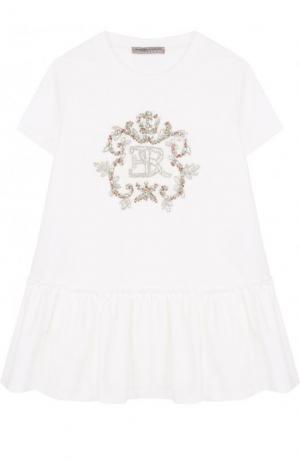 Хлопковое мини-платье свободного кроя с вышивкой бисером и кристаллами Ermanno Scervino. Цвет: белый