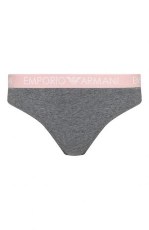 Хлопковые трусы-стринги с логотипом бренда Emporio Armani. Цвет: серый