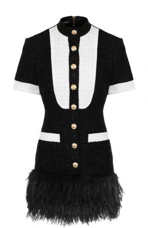 Шерстяное мини-платье с воротником-стойкой и перьевой отделкой Balmain. Цвет: черно-белый