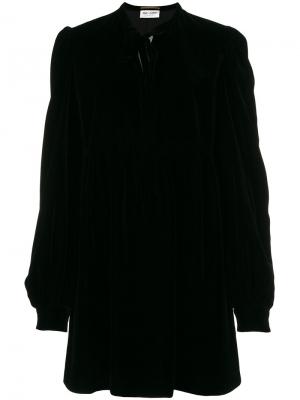 Короткое платье из бархата с завязками на шее Saint Laurent. Цвет: чёрный