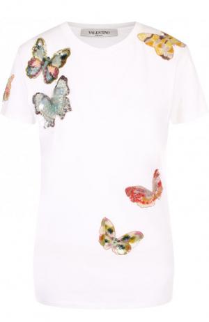 Хлопковая футболка с круглым вырезом и отделкой в виде бабочек Valentino. Цвет: белый