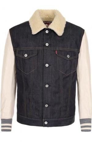 Утепленная джинсовая куртка на пуговицах с кожаными рукавами Junya Watanabe. Цвет: синий