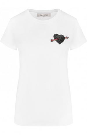 Хлопковая футболка с круглым вырезом и декорированной отделкой Valentino. Цвет: белый