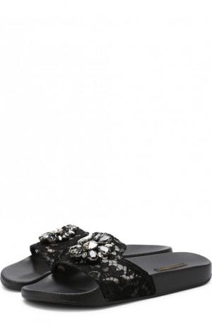 Резиновые шлепанцы Ciabatta с кружевом и брошью Dolce & Gabbana. Цвет: черный