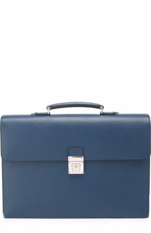 Кожаный портфель с внешним карманом на молнии и плечевым ремнем Serapian. Цвет: темно-синий