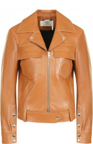 Кожаная куртка с поясом и накладными карманами Chloé. Цвет: светло-коричневый