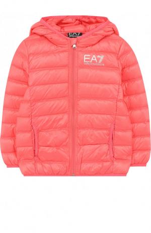 Пуховая куртка с капюшоном и логотипом бренда Ea 7. Цвет: розовый