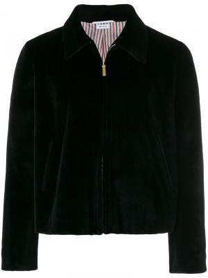Double Welt Pocket Zip Up Jacket In Dyed Sheared Mink With Red, White And Blue Intarsia Stripe Thom Browne. Цвет: синий