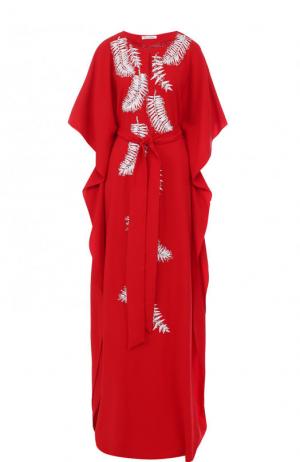 Шелковое платье-макси с контрастной вышивкой и поясом Oscar de la Renta. Цвет: красный