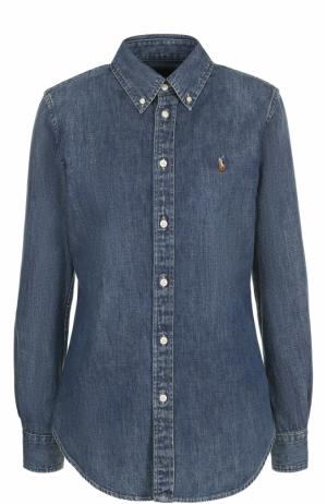 Приталенная джинсовая блуза с логотипом бренда Polo Ralph Lauren. Цвет: синий
