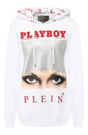 Хлопковый пуловер с капюшоном и принтом Philipp Plein. Цвет: белый