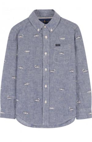 Рубашка из смеси хлопка и льна с воротником button down Polo Ralph Lauren. Цвет: синий