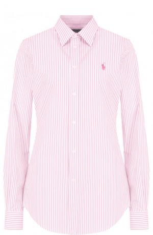 Приталенная хлопковая блуза в полоску Polo Ralph Lauren. Цвет: розовый