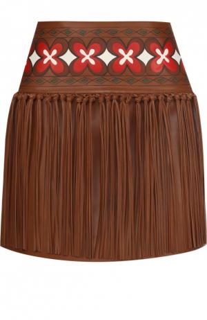 Кожаная мини-юбка с контрастным принтом и бахромой Valentino. Цвет: коричневый