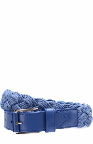 Плетеный текстильный ремень с отделкой из натуральной кожи Loro Piana. Цвет: голубой