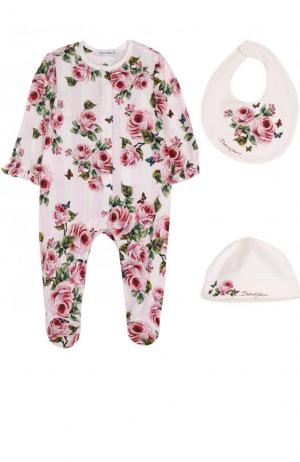 Хлопковый комплект из пижамы с шапкой и нагрудником Dolce & Gabbana. Цвет: розовый
